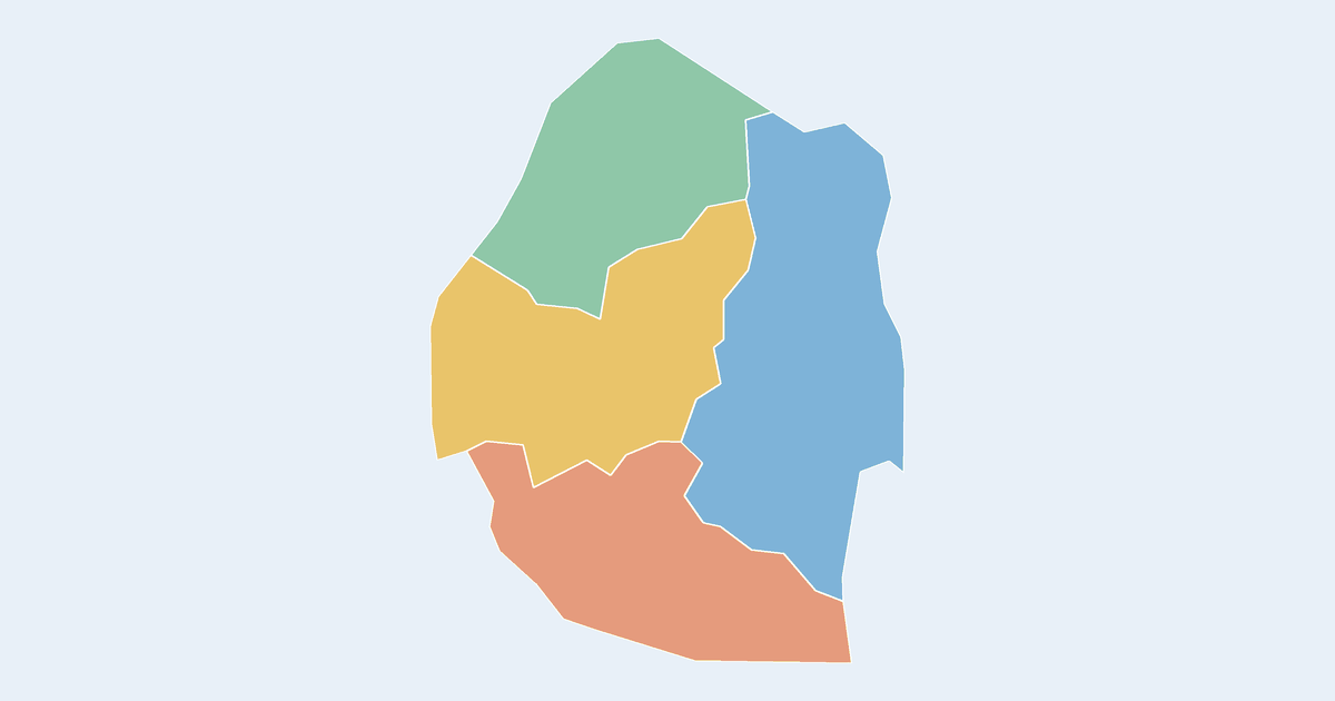 Map of Swaziland showing all 4 states, provinces and regions