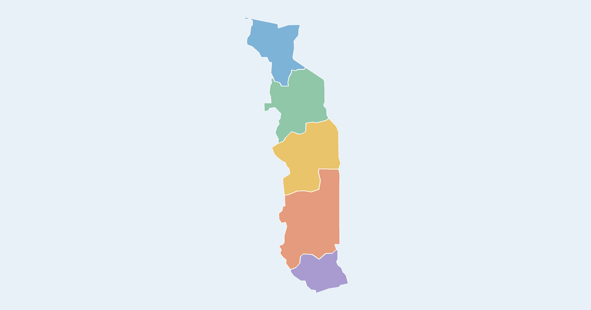 Map of Togo showing all 5 states, provinces and regions