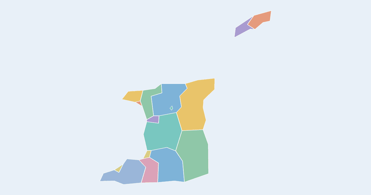 Map of Trinidad and Tobago showing all 16 states, provinces and regions