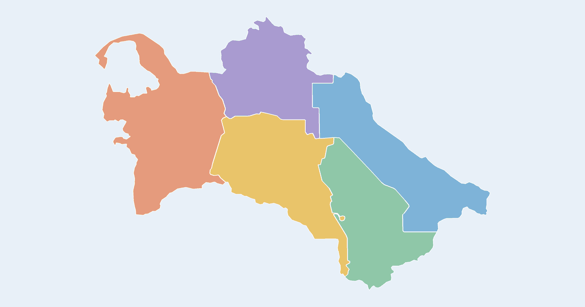 Map of Turkmenistan showing all 5 states, provinces and regions