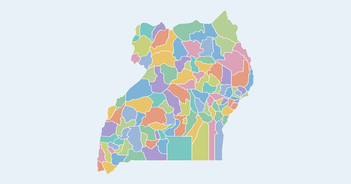 Map of Uganda showing all 112 districts