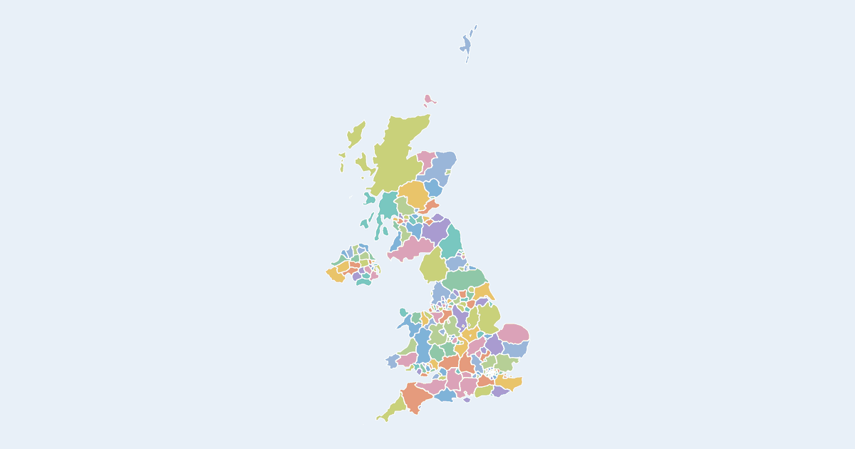 Map of United Kingdom showing all 232 states, provinces and regions