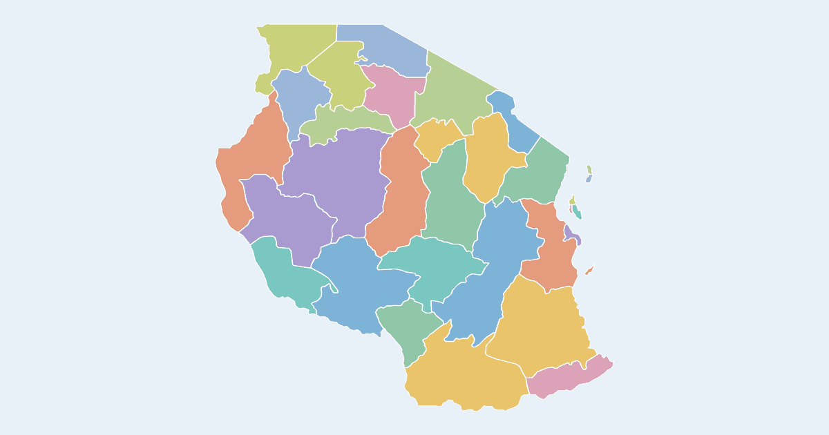 Map of United Republic of Tanzania showing all 30 states, provinces and regions