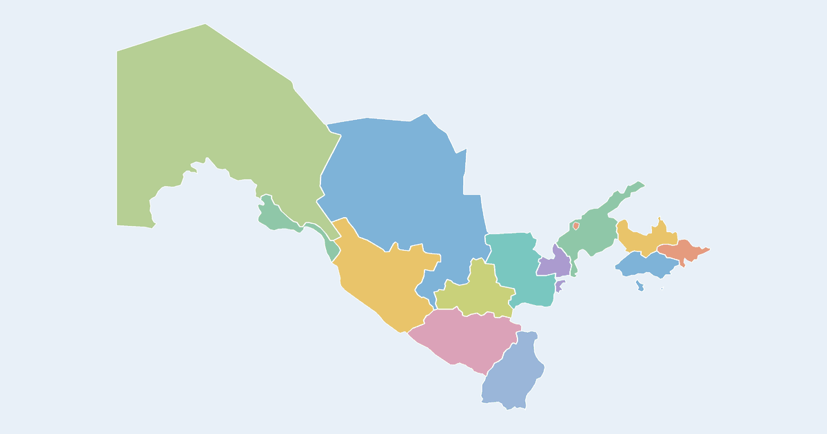 Map of Uzbekistan showing all 14 states, provinces and regions