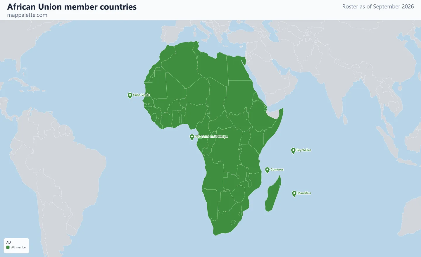 Map of the 55 African Union member countries shaded in colour on an Equal Earth equal-area map, as of September 2026