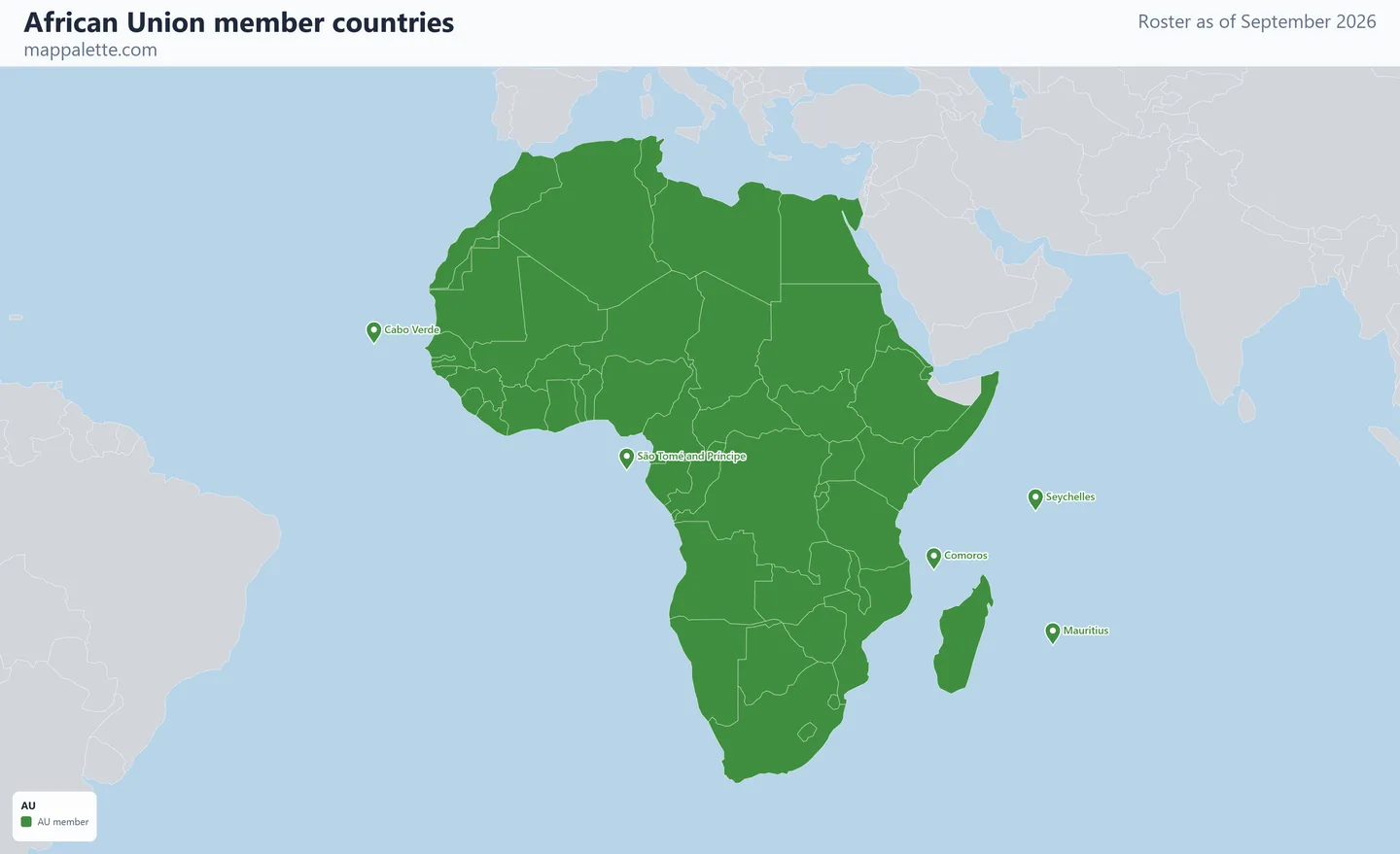 Map of the 55 African Union member countries shaded in colour on a Mercator projection map, as of September 2026