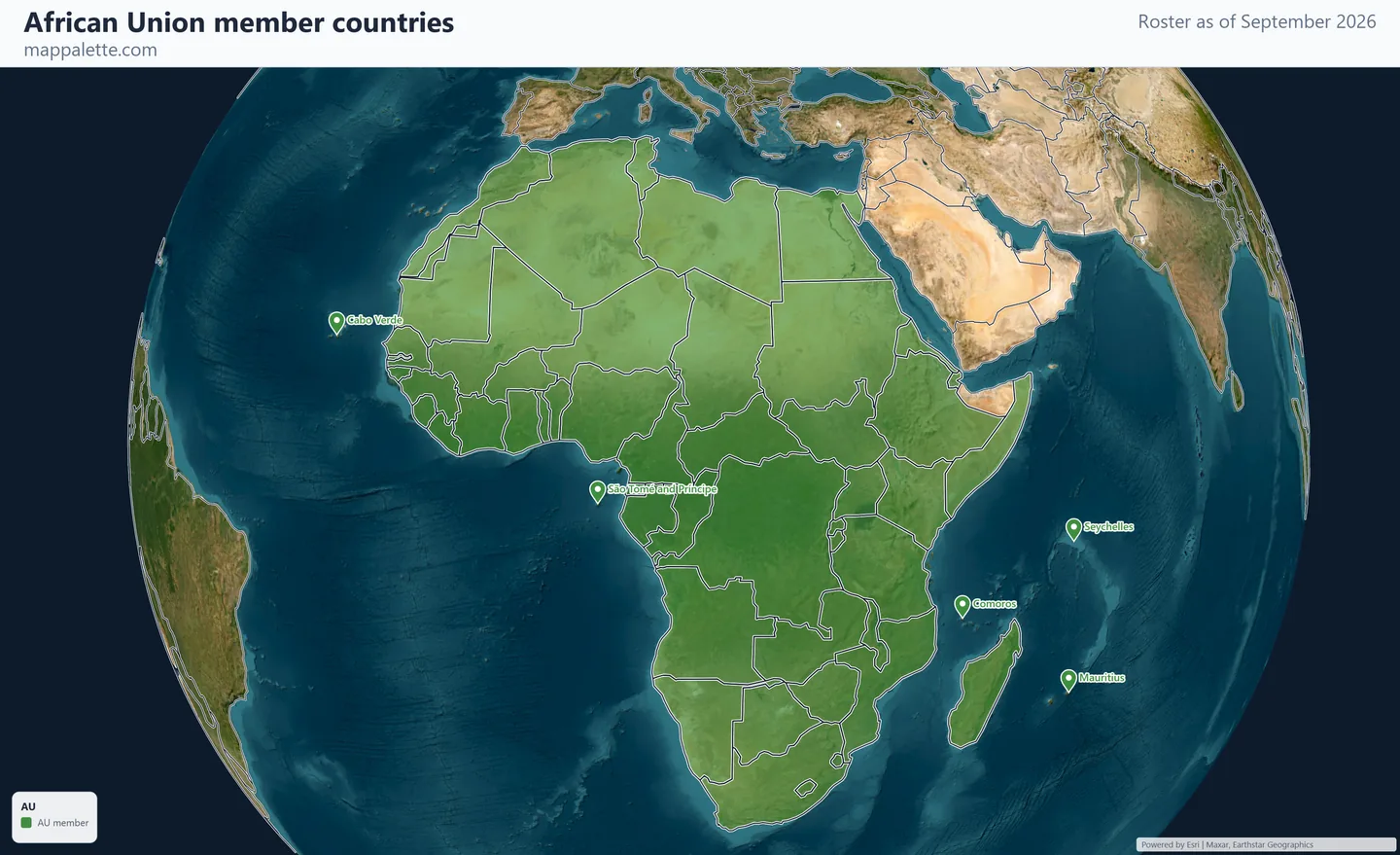 Map of the 55 African Union member countries shaded in colour over satellite imagery on a globe, as of September 2026