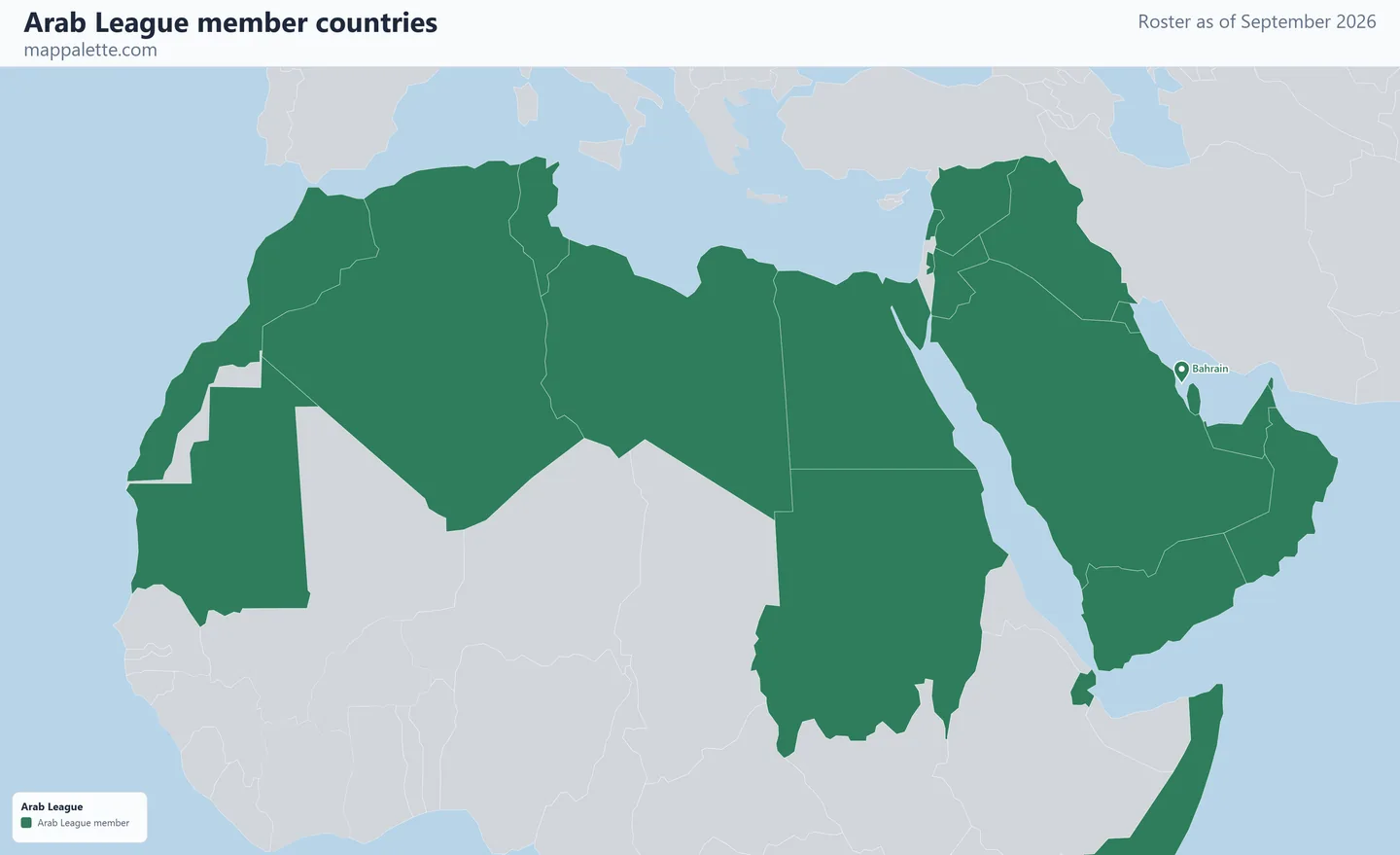 Map of the 22 Arab League member countries shaded in colour on an Equal Earth equal-area map, as of September 2026