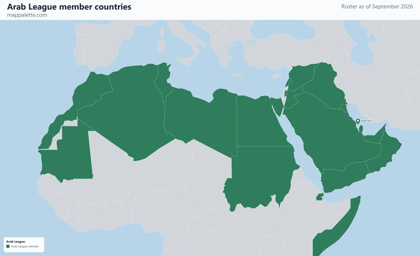 Map of the 22 Arab League member countries shaded in colour on a Mercator projection map, as of September 2026