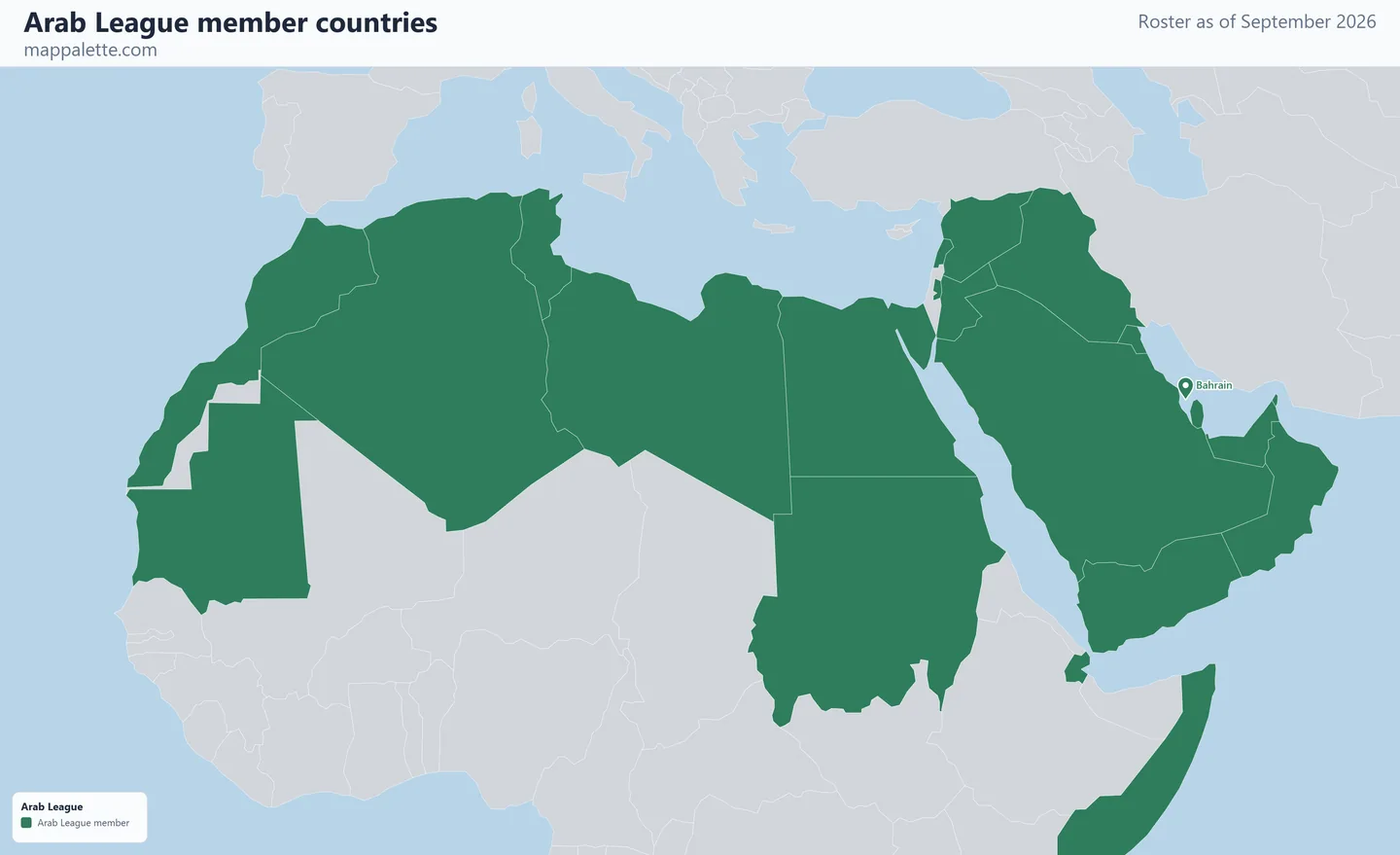 Map of the 22 Arab League member countries shaded in colour on a flat Natural Earth political map, as of September 2026