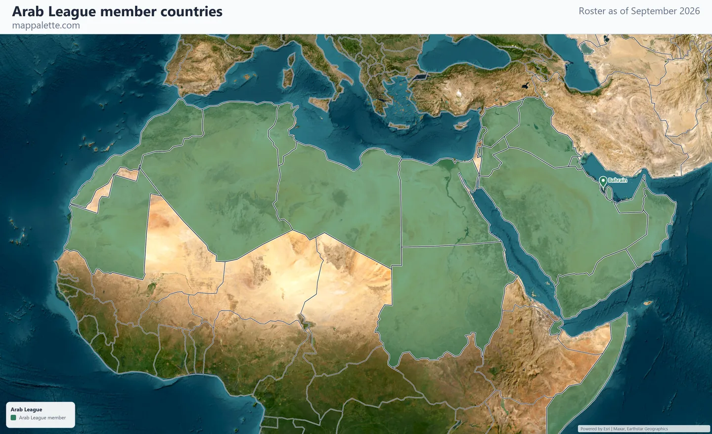 Map of the 22 Arab League member countries shaded in colour over satellite imagery on a globe, as of September 2026