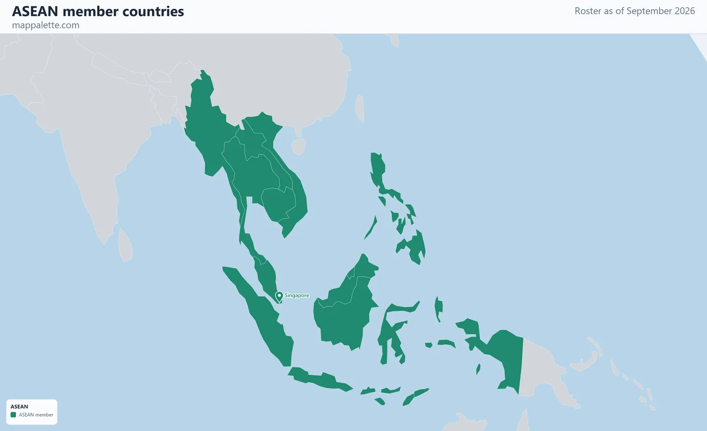 Map of the 11 ASEAN member countries shaded in colour on an Equal Earth equal-area map, as of September 2026