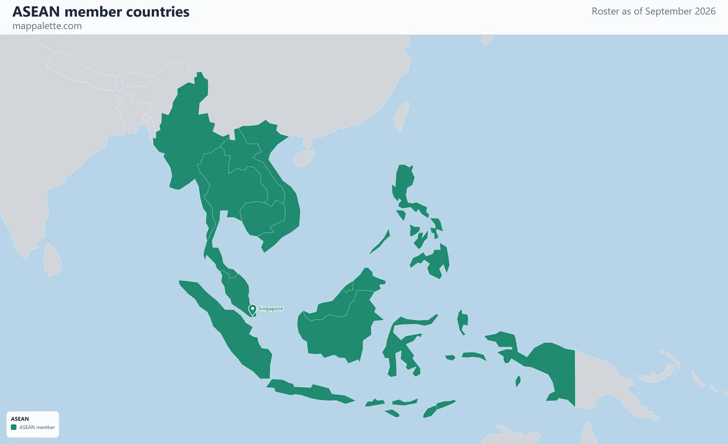 Map of the 11 ASEAN member countries shaded in colour on a Mercator projection map, as of September 2026