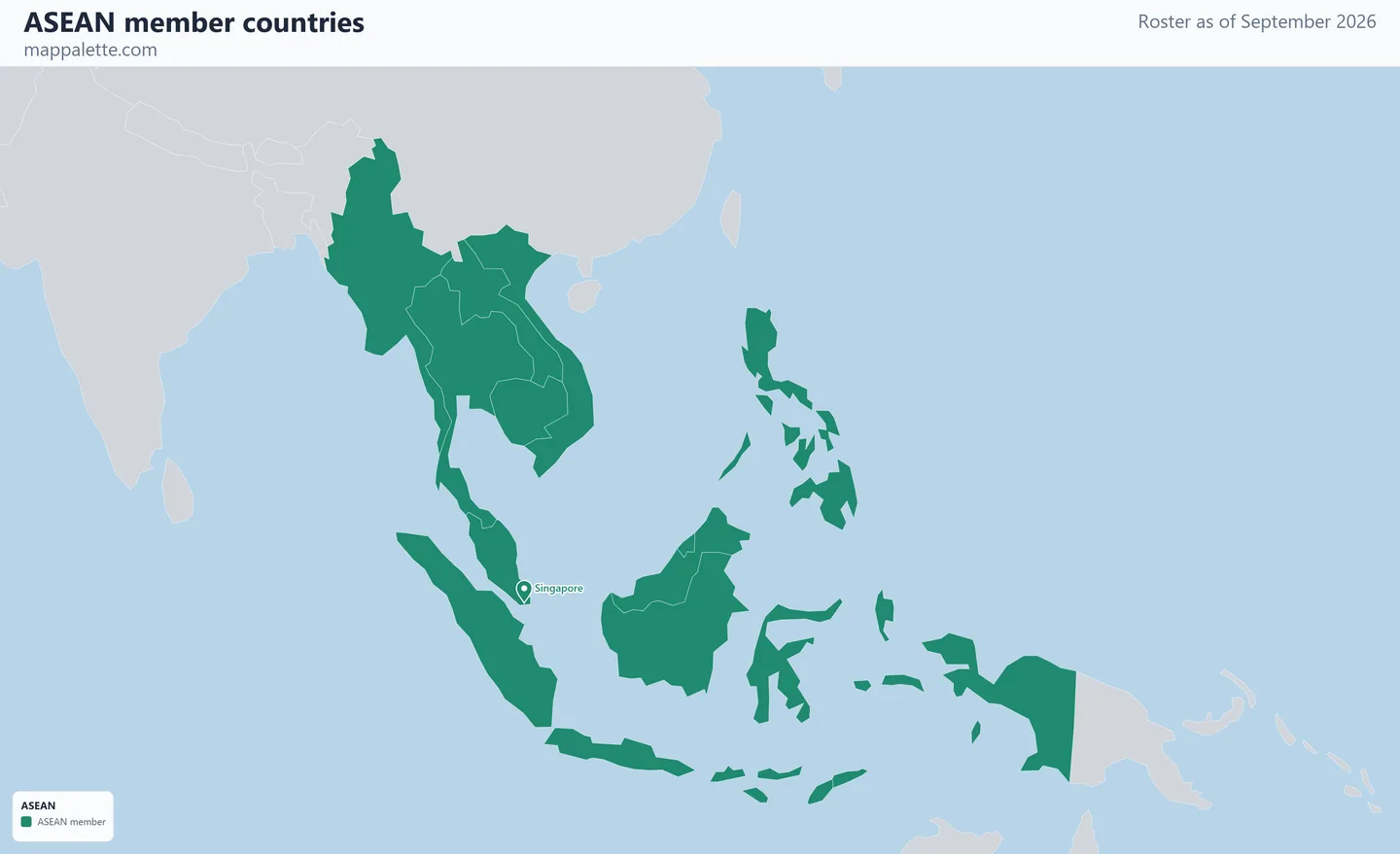 Map of the 11 ASEAN member countries shaded in colour on a flat Natural Earth political map, as of September 2026
