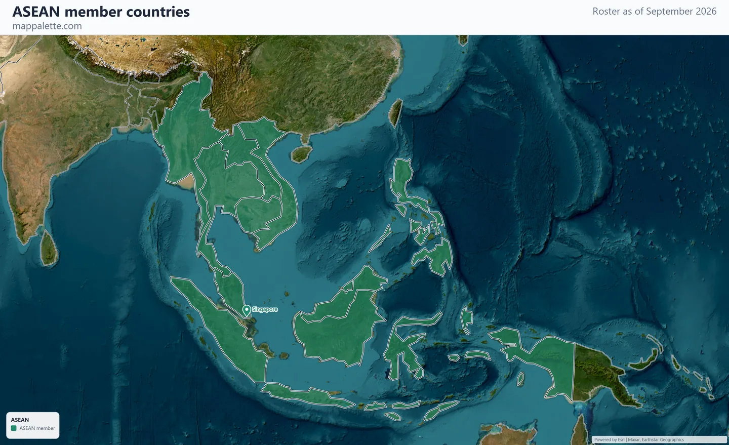 Map of the 11 ASEAN member countries shaded in colour over satellite imagery on a globe, as of September 2026
