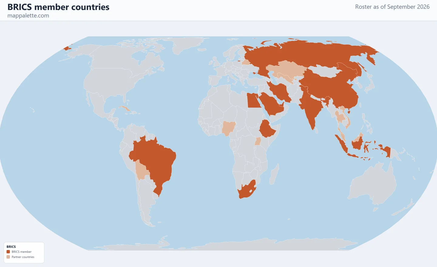 Map of the 11 BRICS member countries shaded in colour on an Equal Earth equal-area map, as of September 2026
