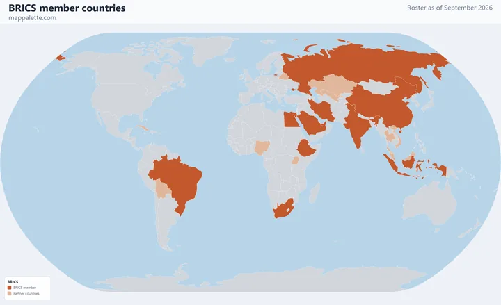 Map of the 11 BRICS member countries