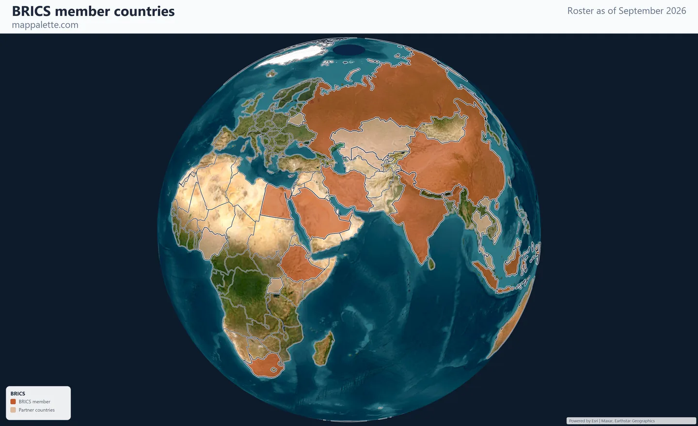 Map of the 11 BRICS member countries shaded in colour over satellite imagery on a globe, as of September 2026