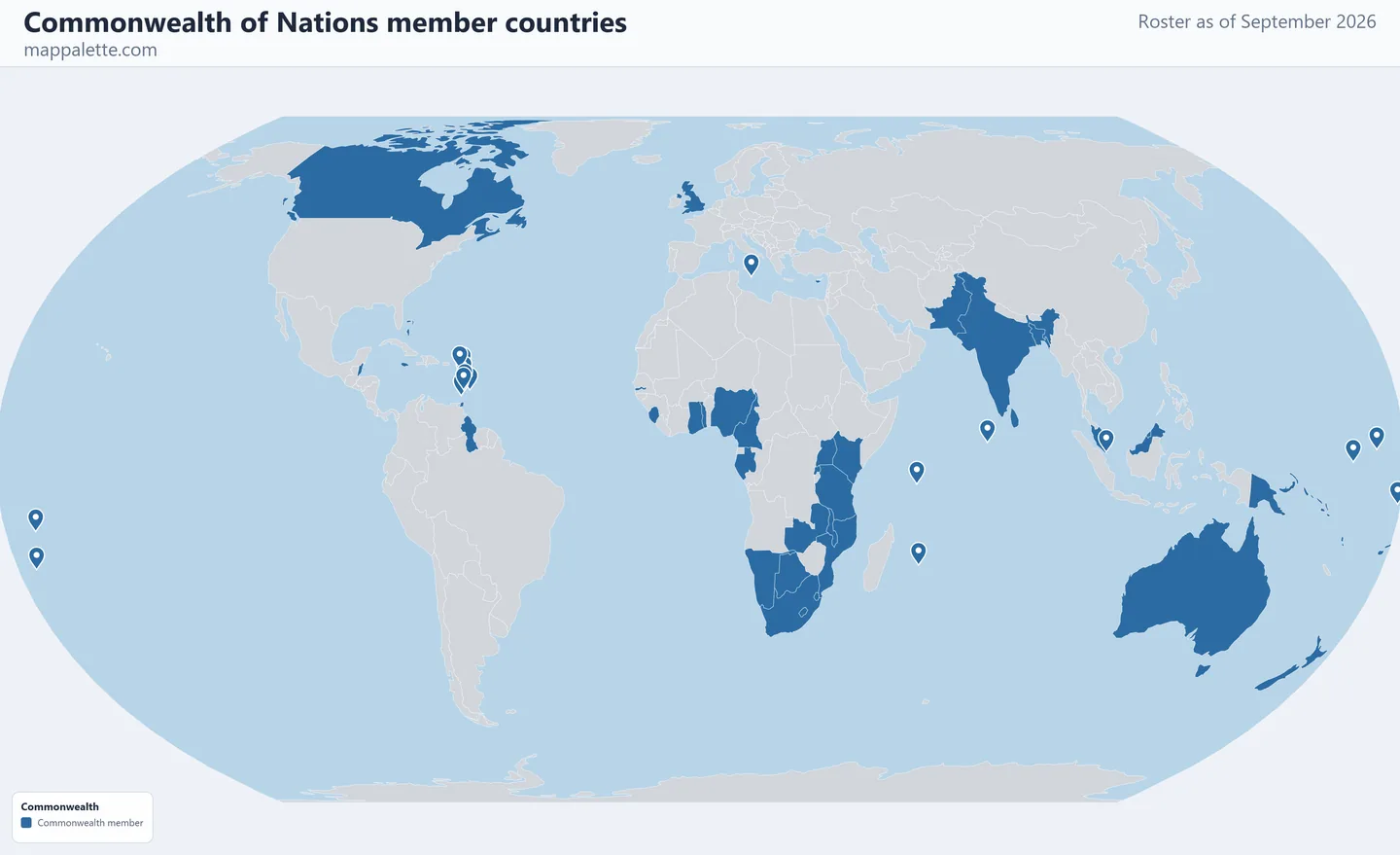 Map of the 56 Commonwealth of Nations member countries shaded in colour on an Equal Earth equal-area map, as of September 2026