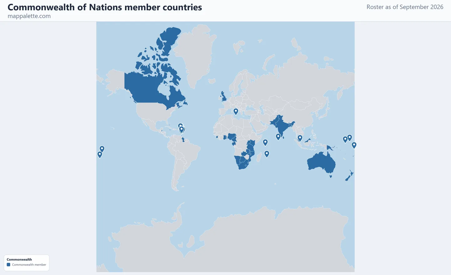 Map of the 56 Commonwealth of Nations member countries shaded in colour on a Mercator projection map, as of September 2026