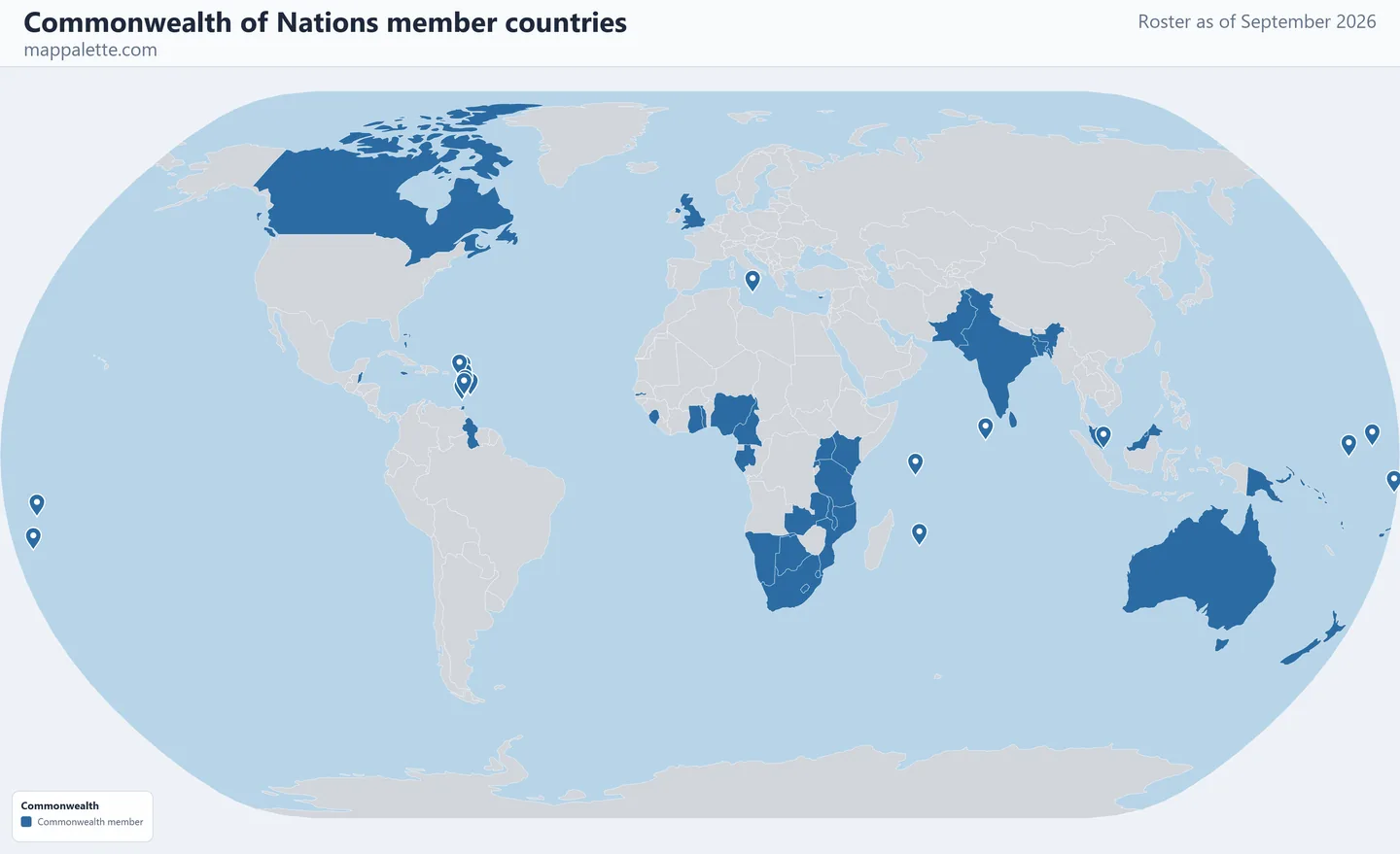 Map of the 56 Commonwealth of Nations member countries shaded in colour on a flat Natural Earth political map, as of September 2026