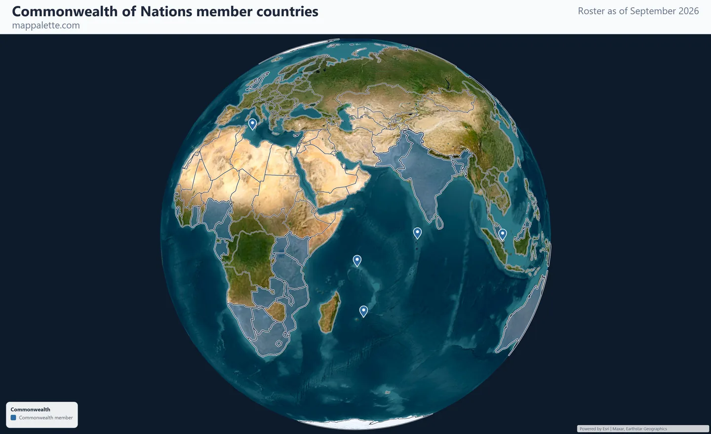 Map of the 56 Commonwealth of Nations member countries shaded in colour over satellite imagery on a globe, as of September 2026