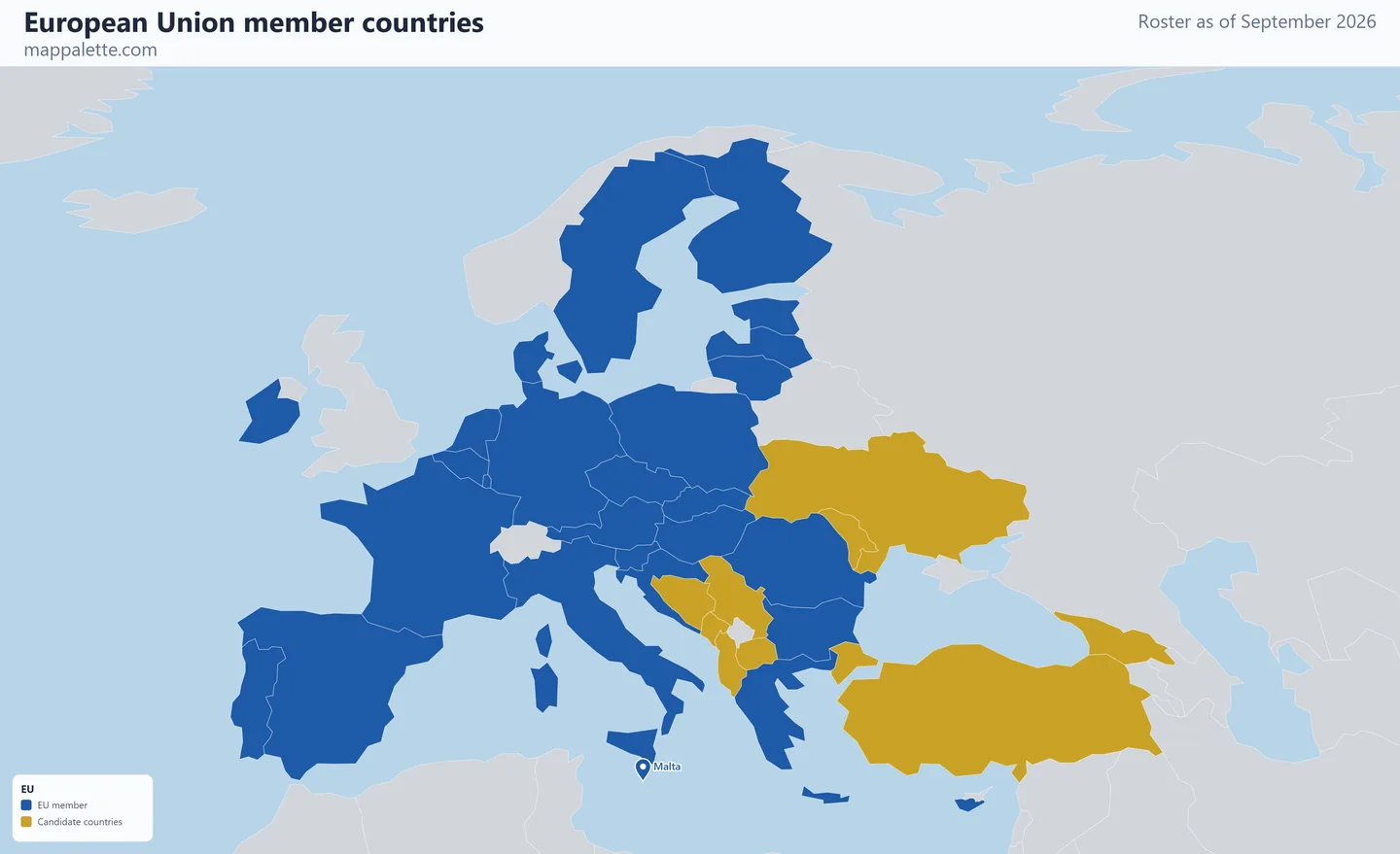 Map of the 27 European Union member countries shaded in colour on an Equal Earth equal-area map, as of September 2026