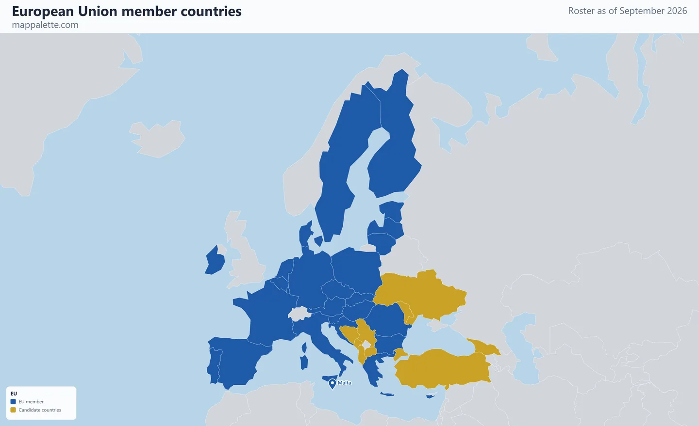 Map of the 27 European Union member countries shaded in colour on a Mercator projection map, as of September 2026