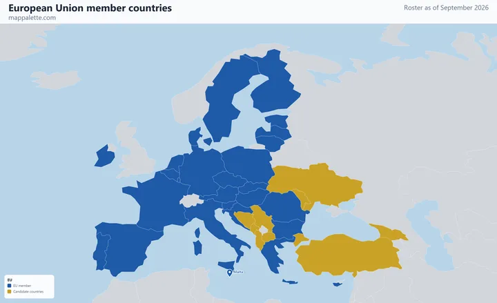 Map of the 27 European Union member countries