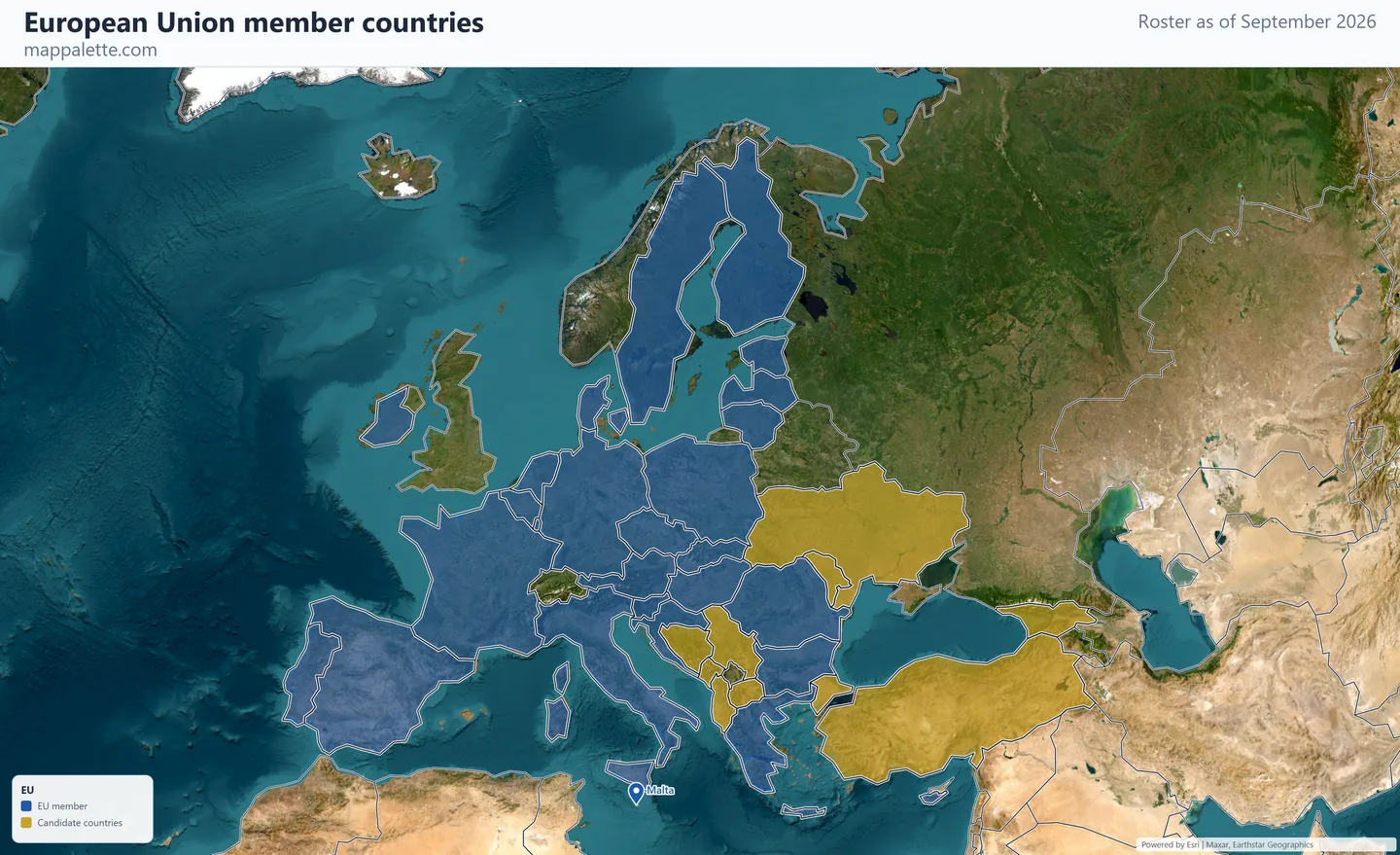 Map of the 27 European Union member countries shaded in colour over satellite imagery on a globe, as of September 2026