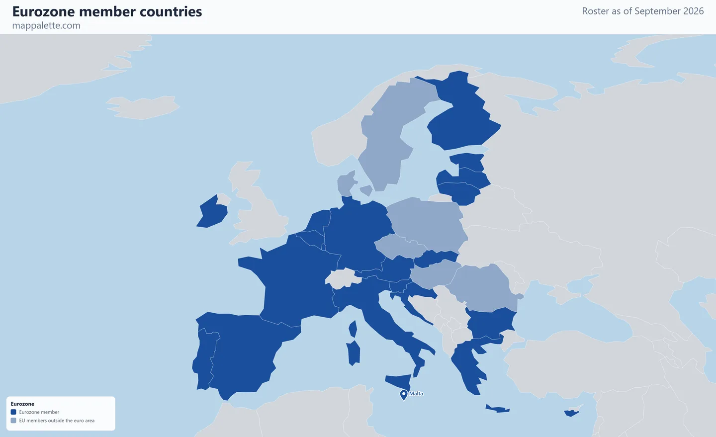 Map of the 21 Eurozone member countries shaded in colour on an Equal Earth equal-area map, as of September 2026