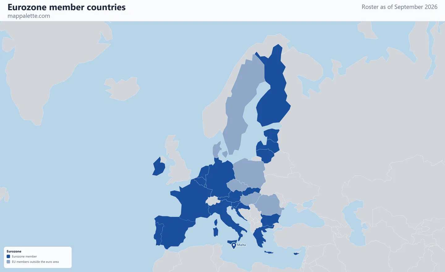 Map of the 21 Eurozone member countries shaded in colour on a Mercator projection map, as of September 2026