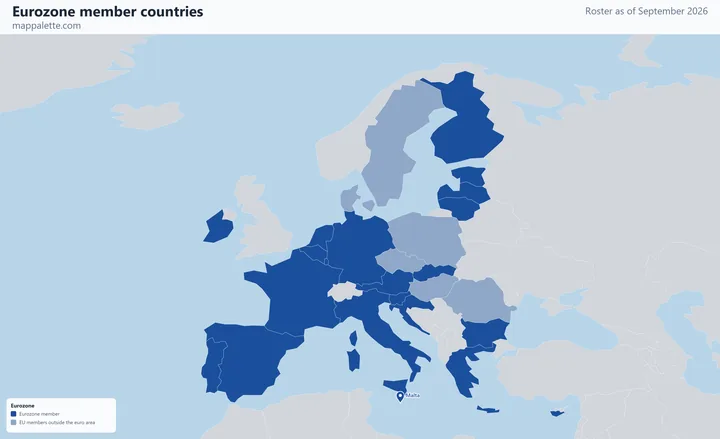 Map of the 21 Eurozone member countries