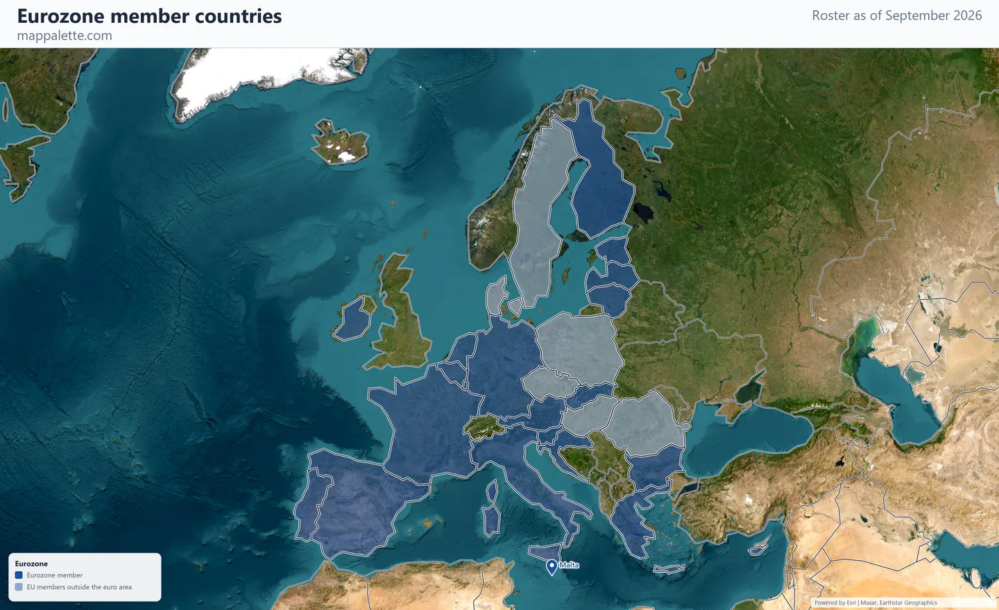 Map of the 21 Eurozone member countries shaded in colour over satellite imagery on a globe, as of September 2026