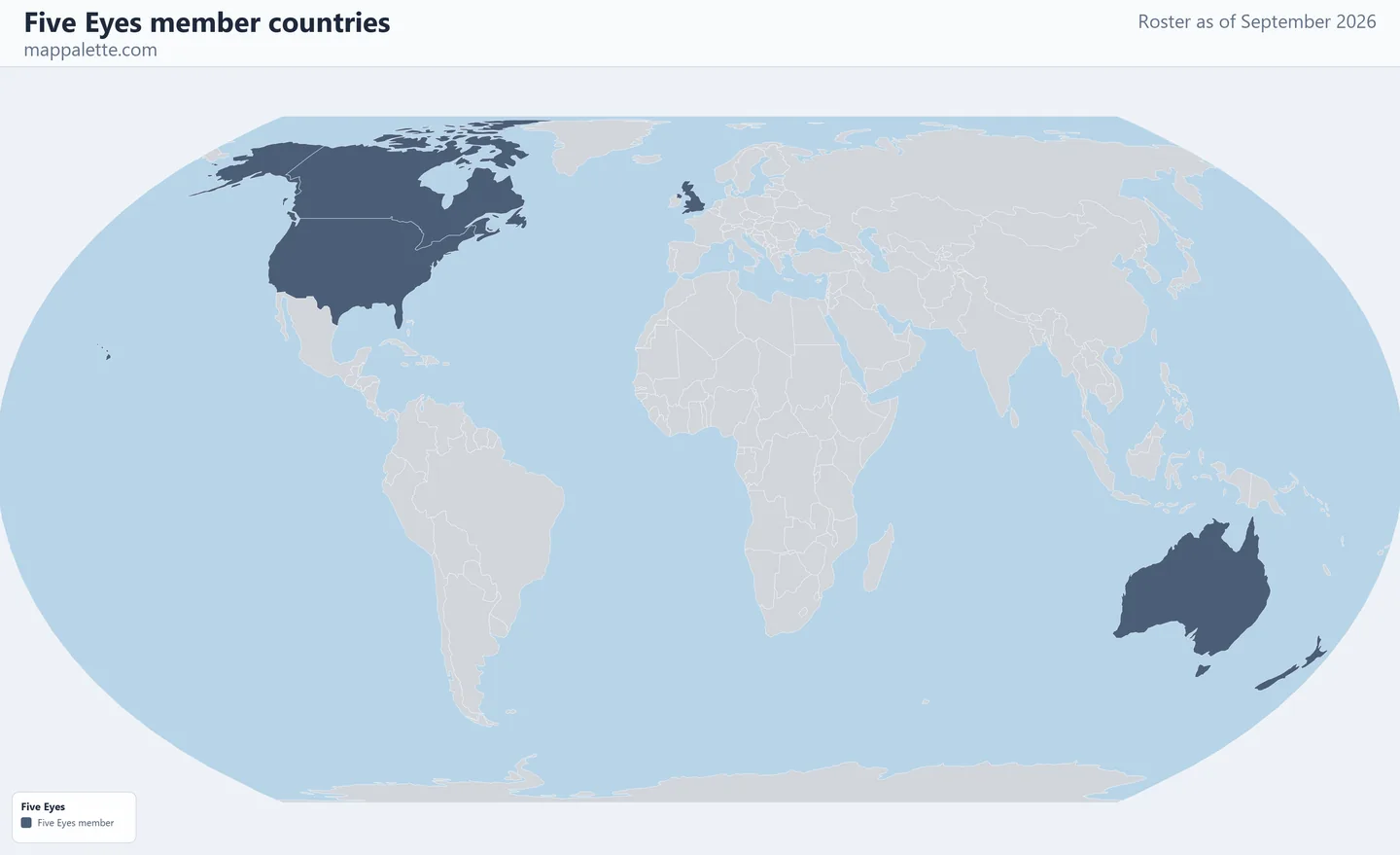 Map of the 5 Five Eyes member countries shaded in colour on an Equal Earth equal-area map, as of September 2026