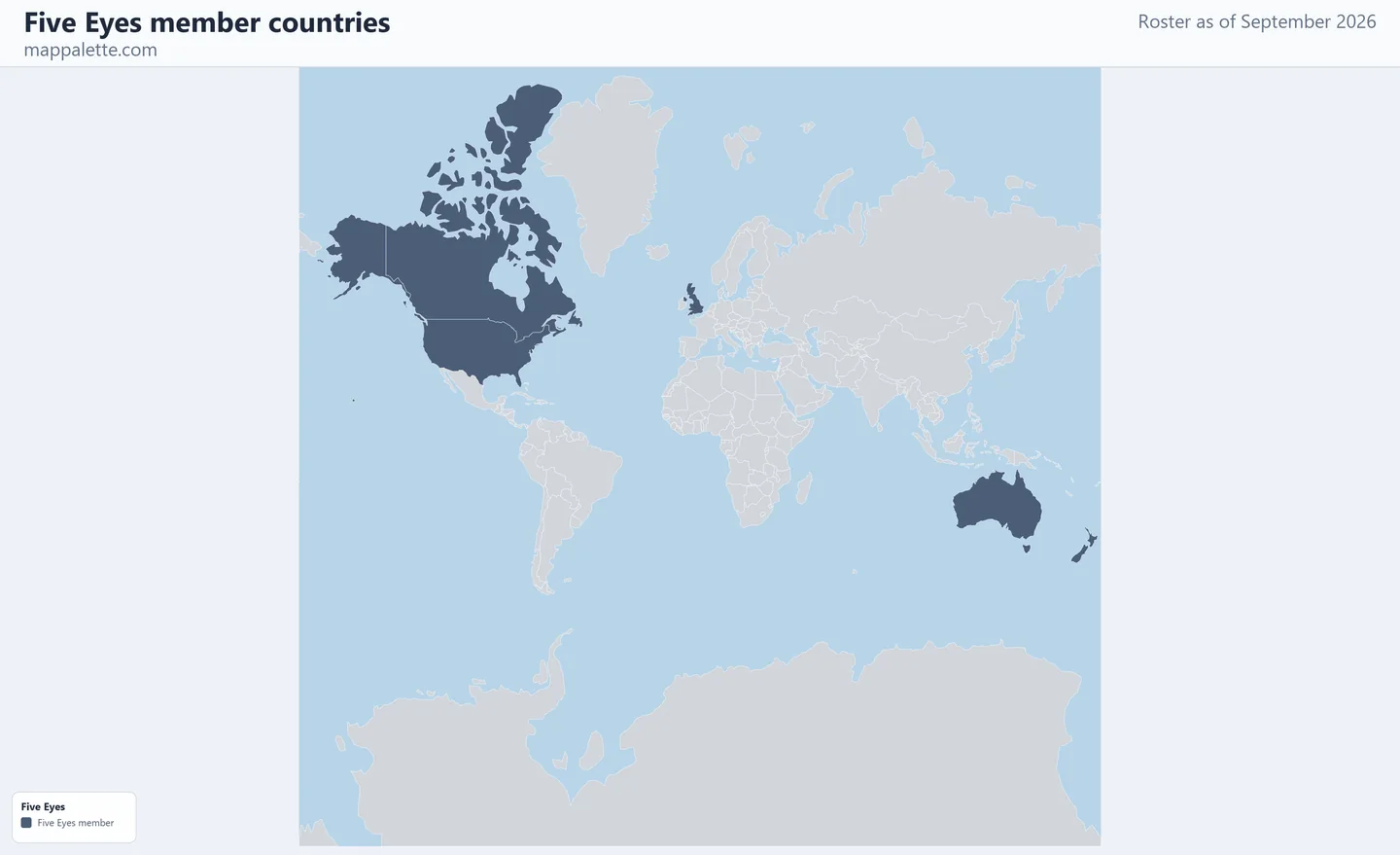 Map of the 5 Five Eyes member countries shaded in colour on a Mercator projection map, as of September 2026