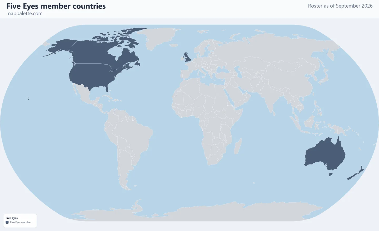 Map of the 5 Five Eyes member countries shaded in colour on a flat Natural Earth political map, as of September 2026
