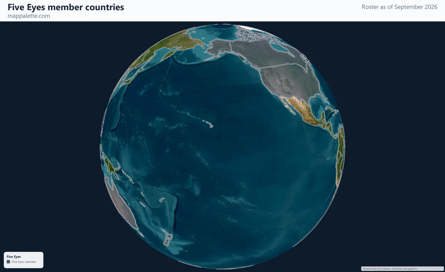 Map of the 5 Five Eyes member countries shaded in colour over satellite imagery on a globe, as of September 2026