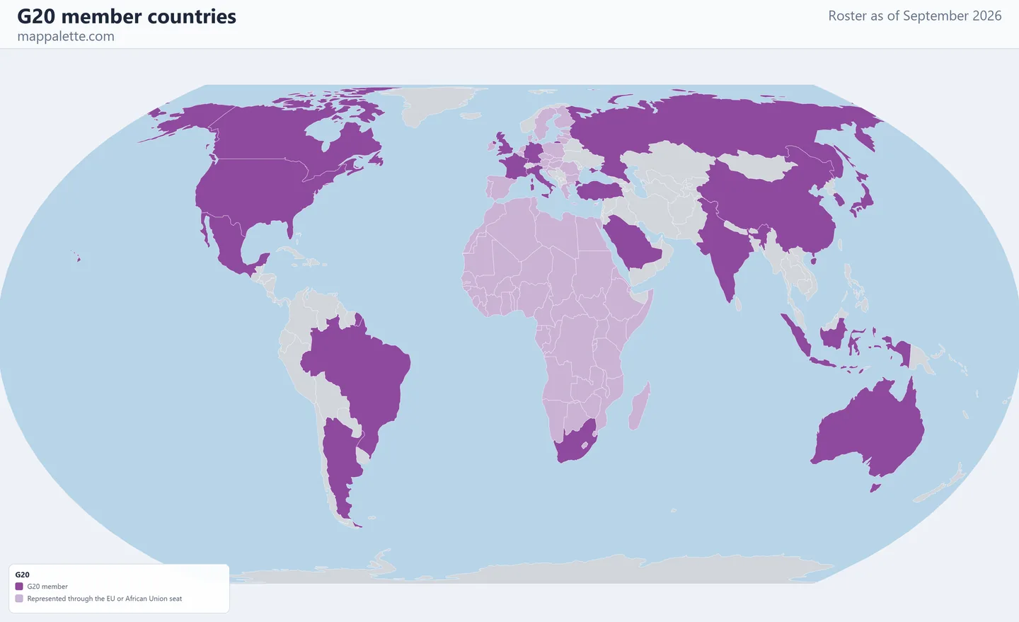 Map of the 19 G20 member countries shaded in colour on an Equal Earth equal-area map, as of September 2026