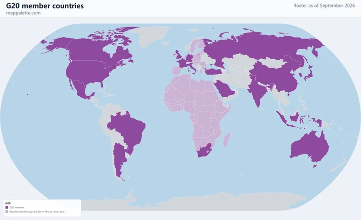 Map of the 19 G20 member countries