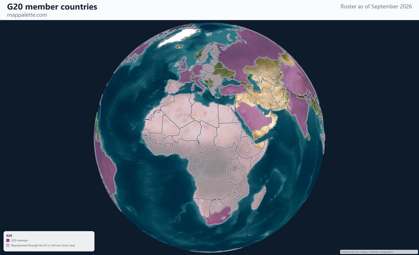 Map of the 19 G20 member countries shaded in colour over satellite imagery on a globe, as of September 2026