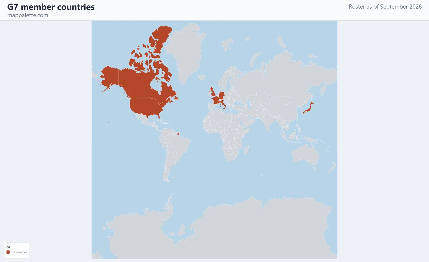Map of the 7 G7 member countries shaded in colour on a Mercator projection map, as of September 2026