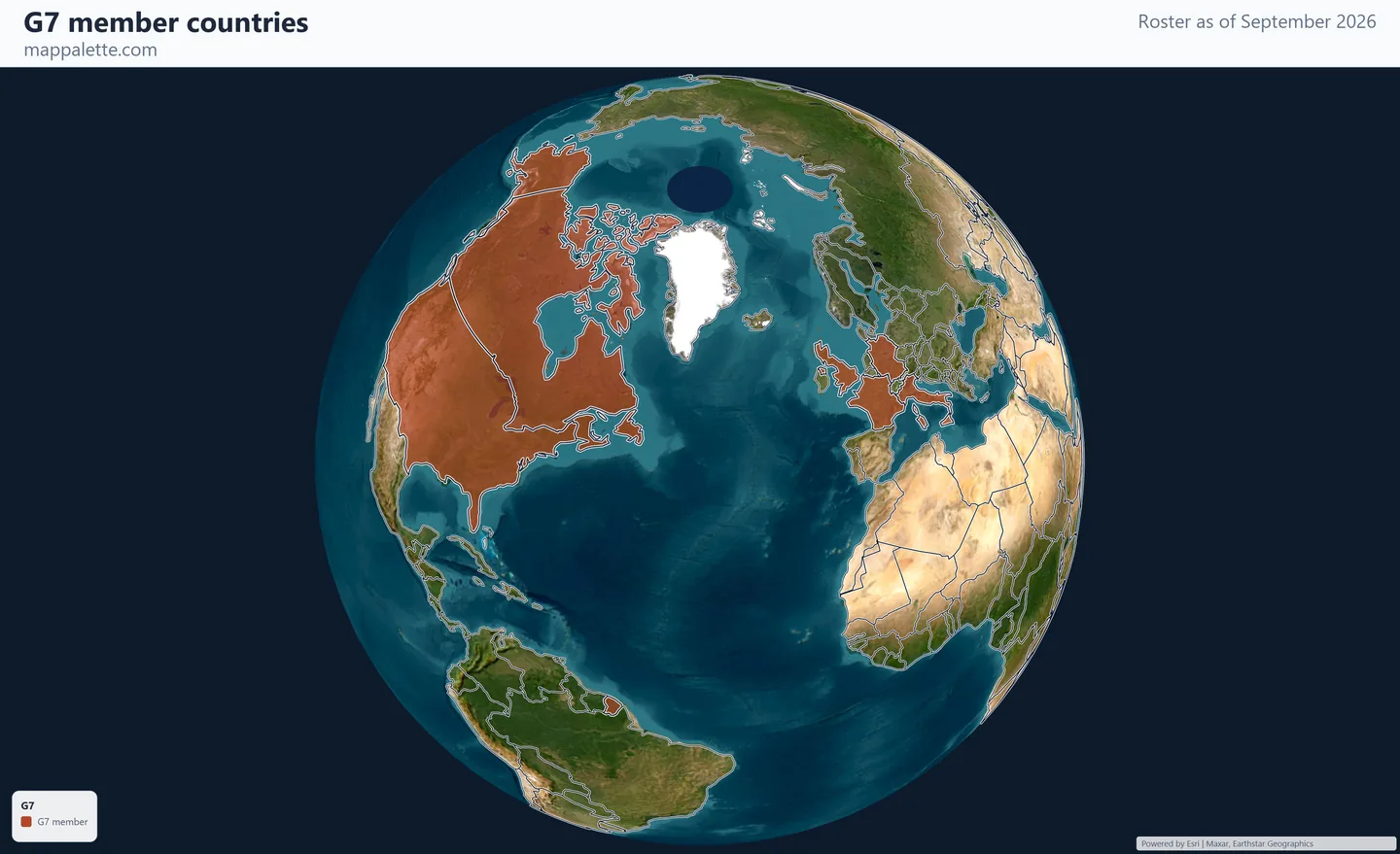 Map of the 7 G7 member countries shaded in colour over satellite imagery on a globe, as of September 2026