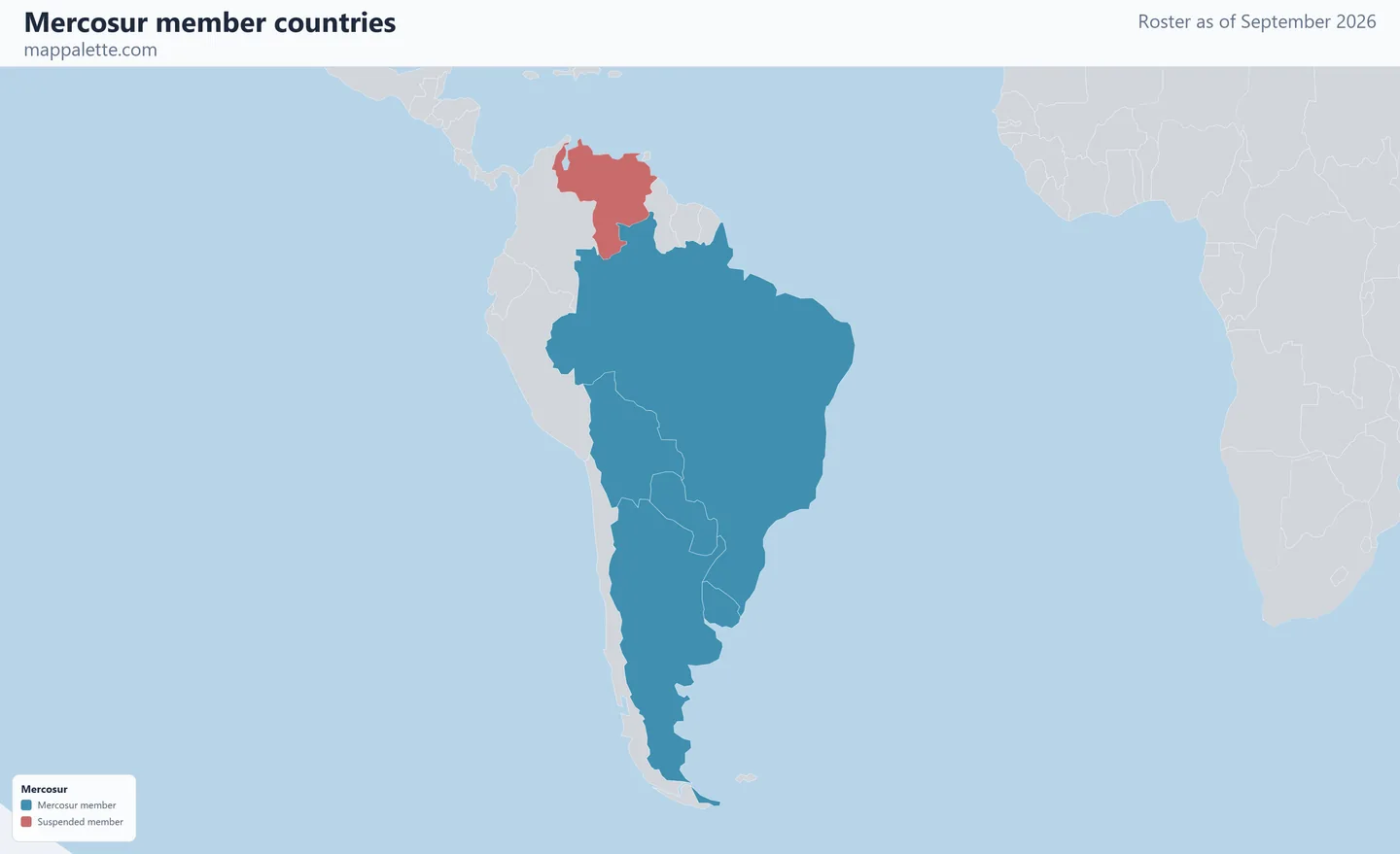 Map of the 5 Mercosur member countries shaded in colour on an Equal Earth equal-area map, as of September 2026
