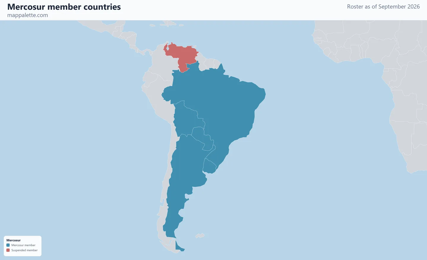 Map of the 5 Mercosur member countries shaded in colour on a Mercator projection map, as of September 2026