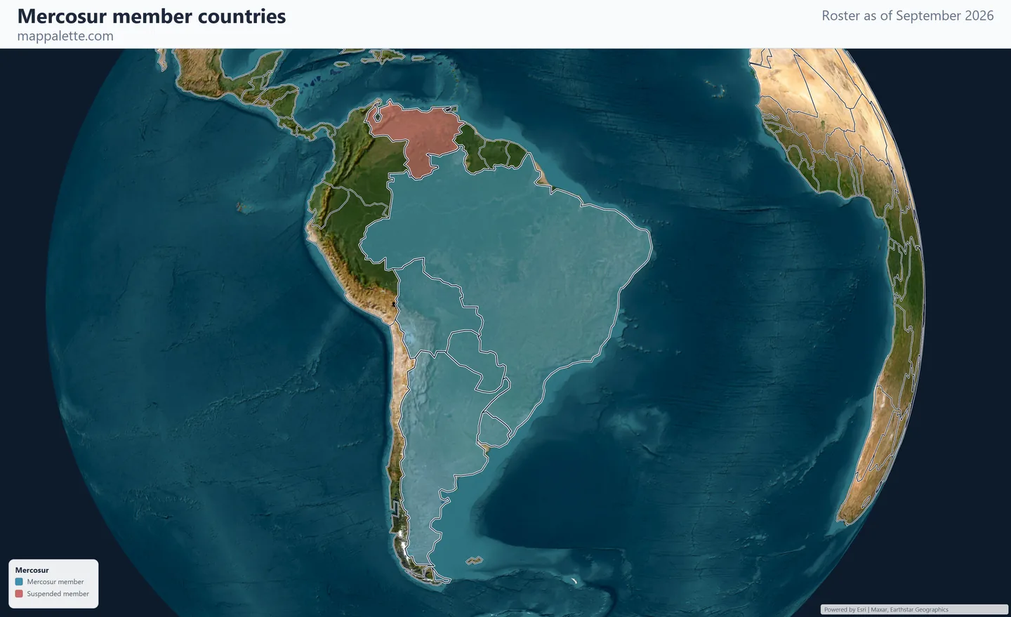 Map of the 5 Mercosur member countries shaded in colour over satellite imagery on a globe, as of September 2026