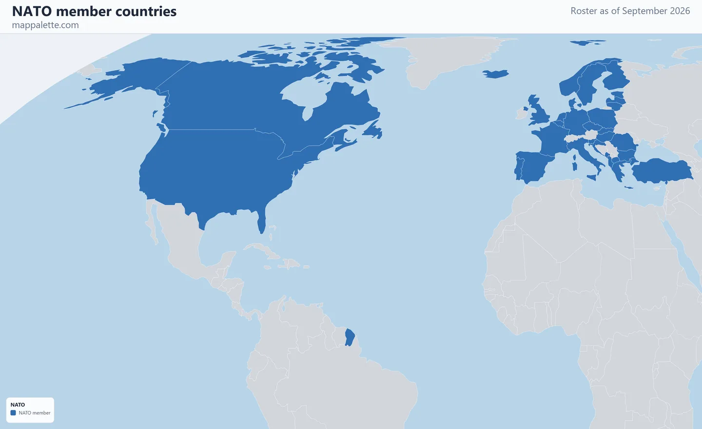 Map of the 32 NATO member countries shaded in colour on an Equal Earth equal-area map, as of September 2026
