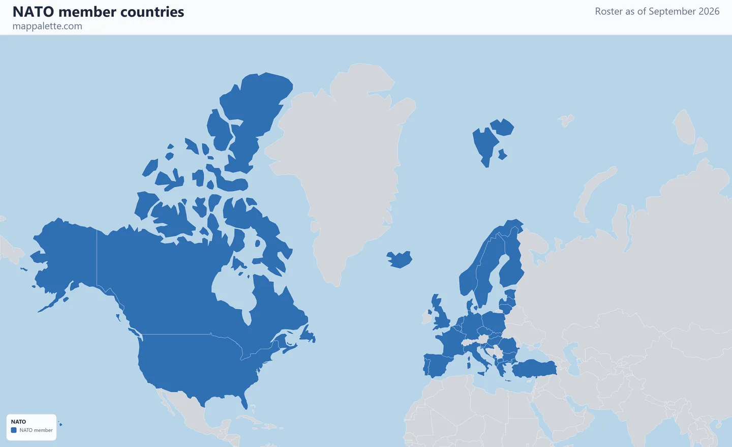Map of the 32 NATO member countries shaded in colour on a Mercator projection map, as of September 2026