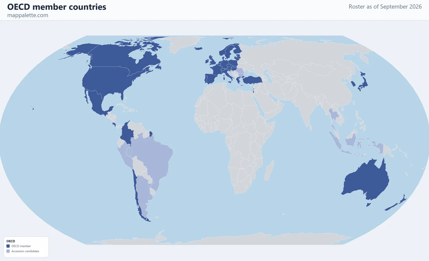 Map of the 38 OECD member countries shaded in colour on an Equal Earth equal-area map, as of September 2026