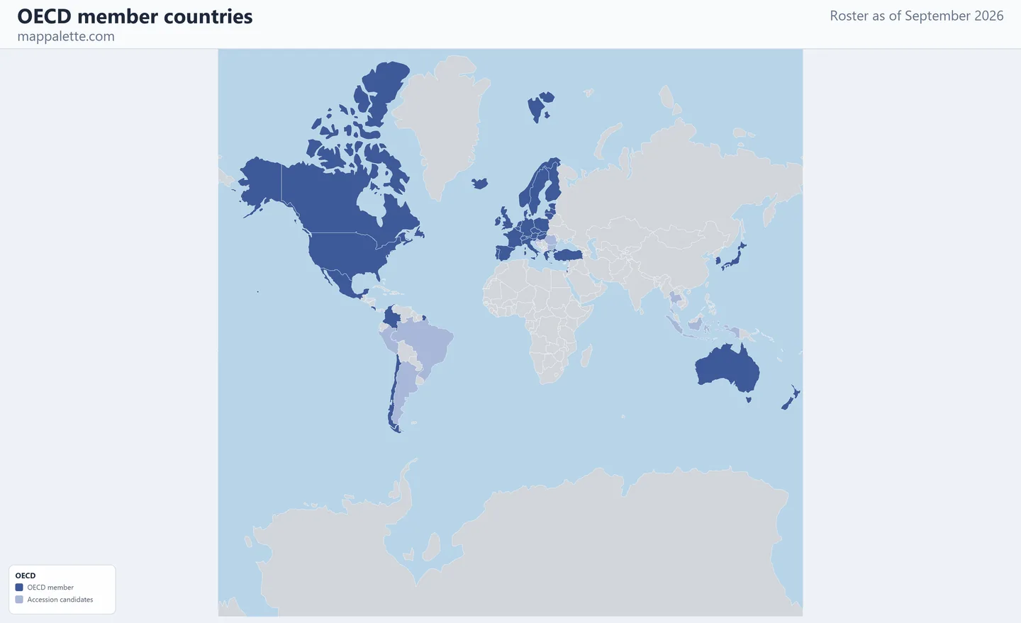 Map of the 38 OECD member countries shaded in colour on a Mercator projection map, as of September 2026